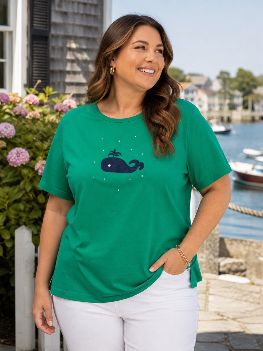 The Quacker Factory Whale Embroidered Rhinestone T Shirt 2X Green Nautical